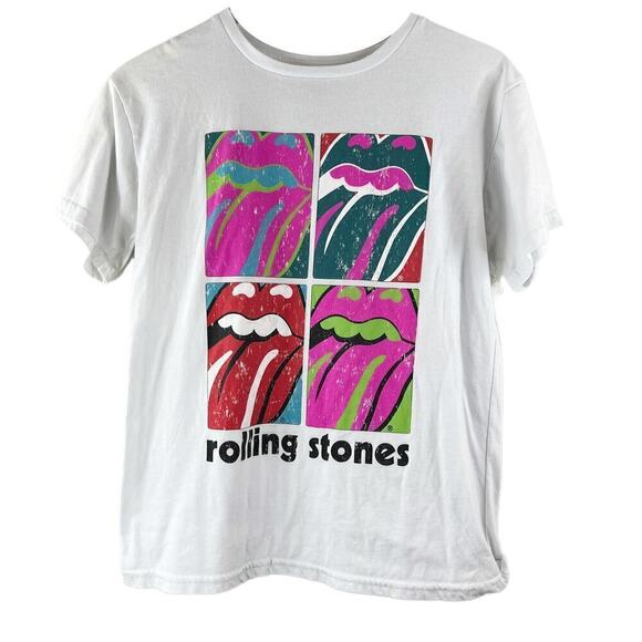 Rolling Stones T Shirt 4 Tongues Logos White Rock and Roll Womens Size L - Picture 1 of 5